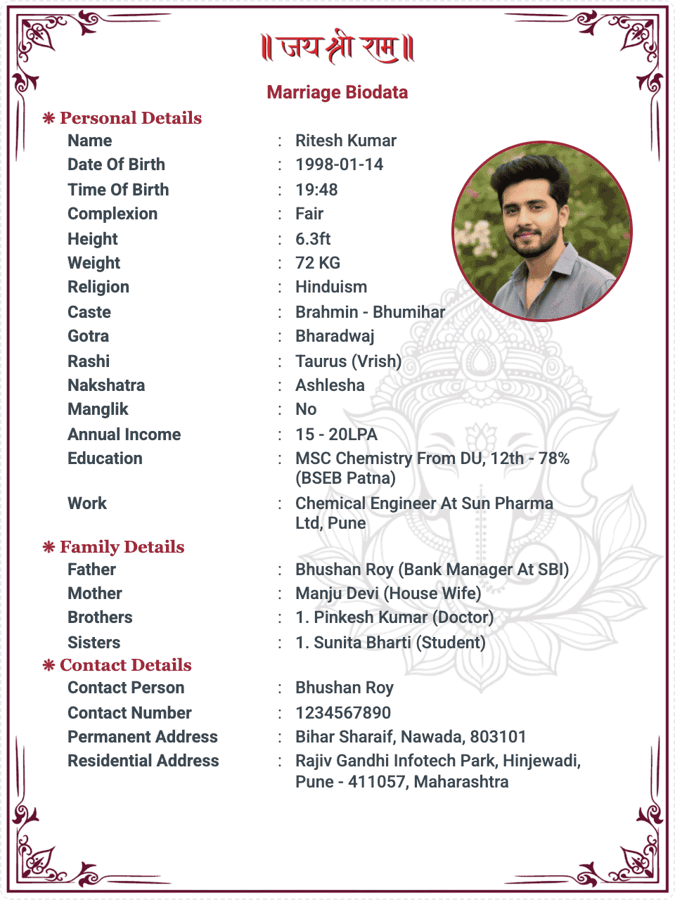 Marriage Profile Template
